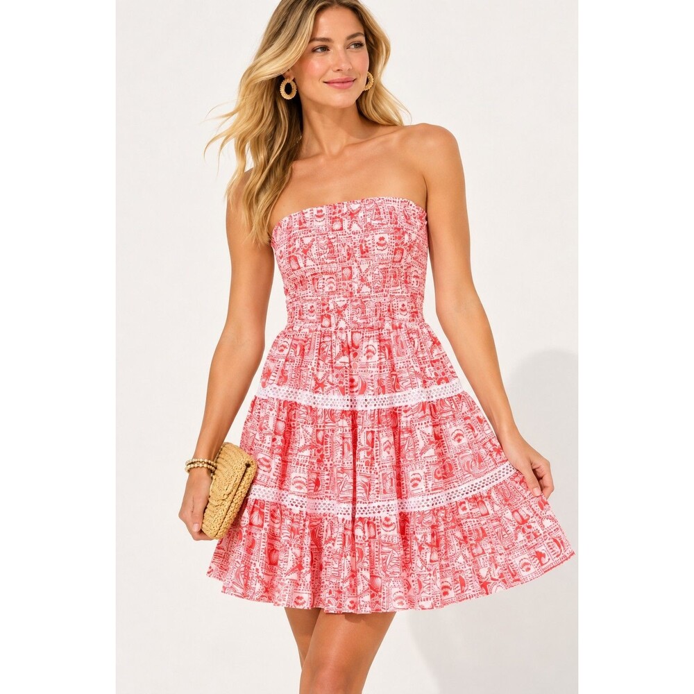 NWT Lilly Pulitzer Kelvina Strapless Smocked Dress M Mizner Red Seaside Harbour